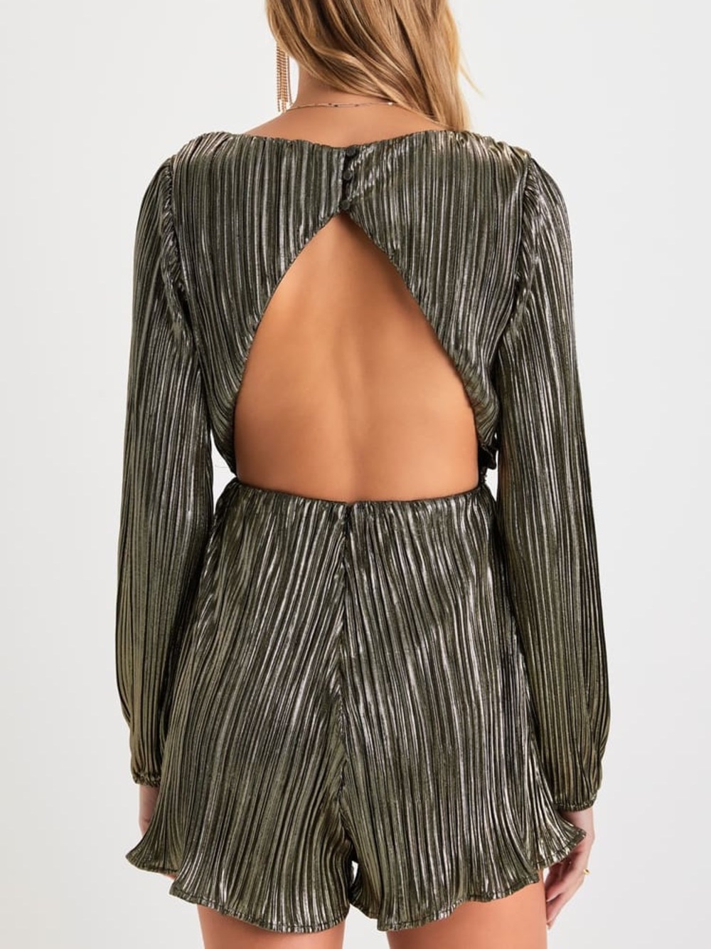 Lulus Plisse and Thank You Gold Pleated Long Sleeve Backless Romper - Picture 2 of 15